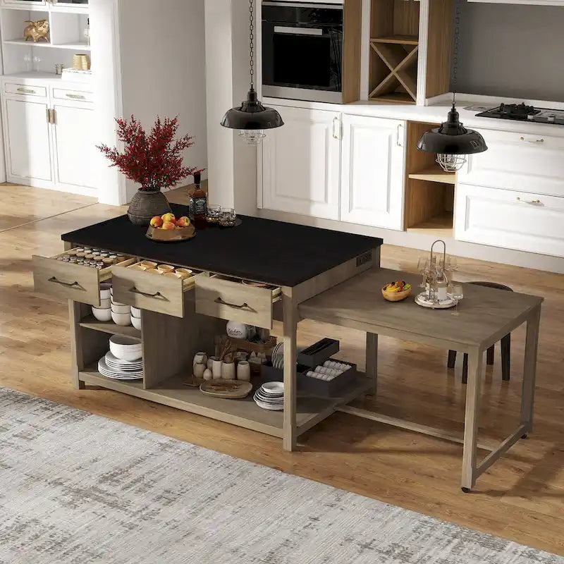 Mobile Kitchen Island, Extendable Table with USB Outlets and Storage