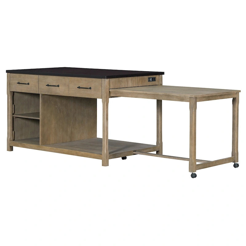 Mobile Kitchen Island, Extendable Table with USB Outlets and Storage