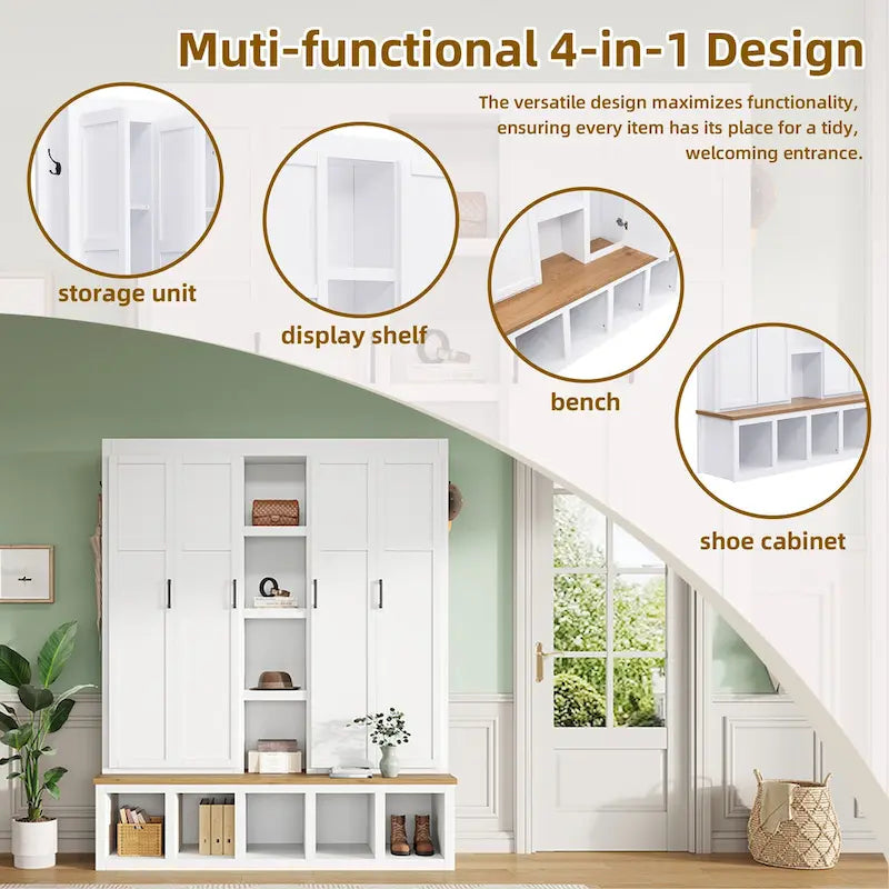Farmhouse Hall Tree with Bench & 6 Hooks, 62.9W Shoe Storage, Entryway Organizer for Mudroom, Living Room