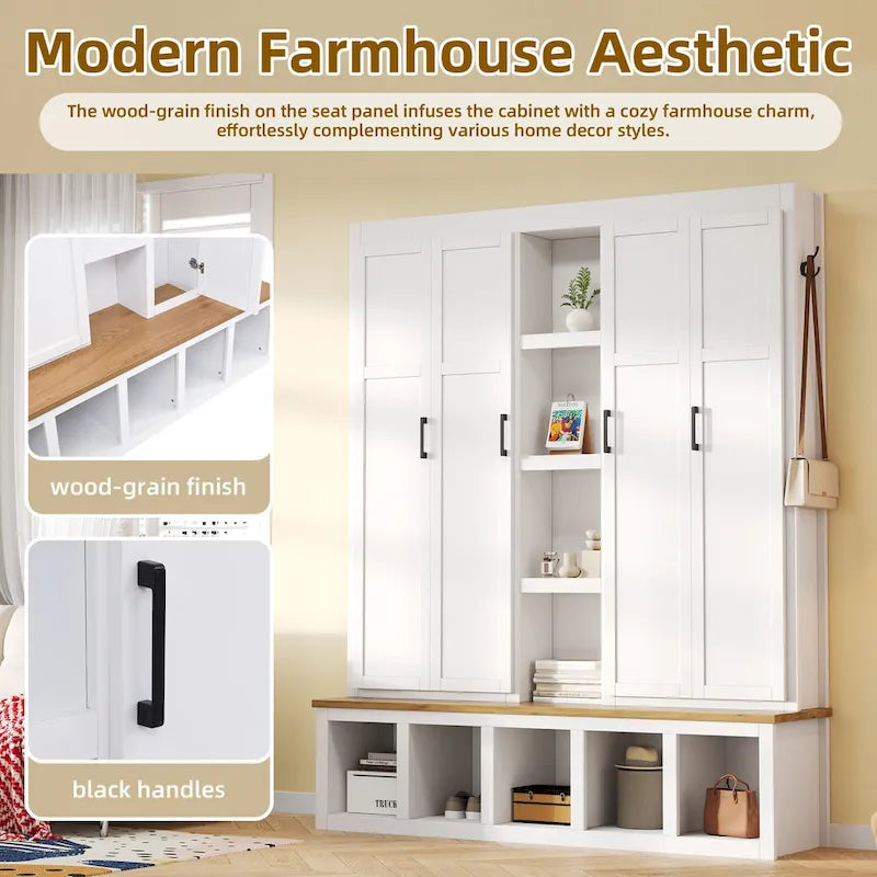 Farmhouse Hall Tree with Bench & 6 Hooks, 62.9W Shoe Storage, Entryway Organizer for Mudroom, Living Room