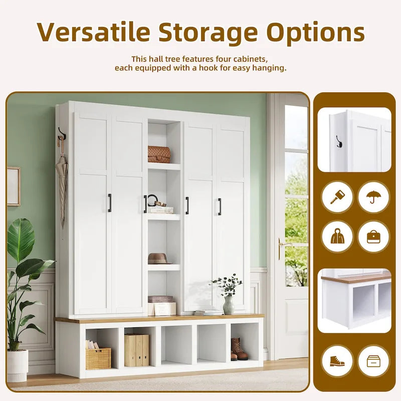 Farmhouse Hall Tree with Bench & 6 Hooks, 62.9W Shoe Storage, Entryway Organizer for Mudroom, Living Room