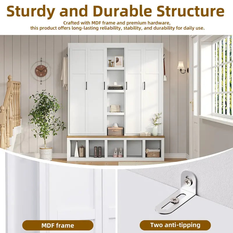 Farmhouse Hall Tree with Bench & 6 Hooks, 62.9W Shoe Storage, Entryway Organizer for Mudroom, Living Room