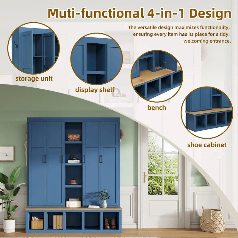 Farmhouse Hall Tree with Bench & 6 Hooks, 62.9W Shoe Storage, Entryway Organizer for Mudroom, Living Room