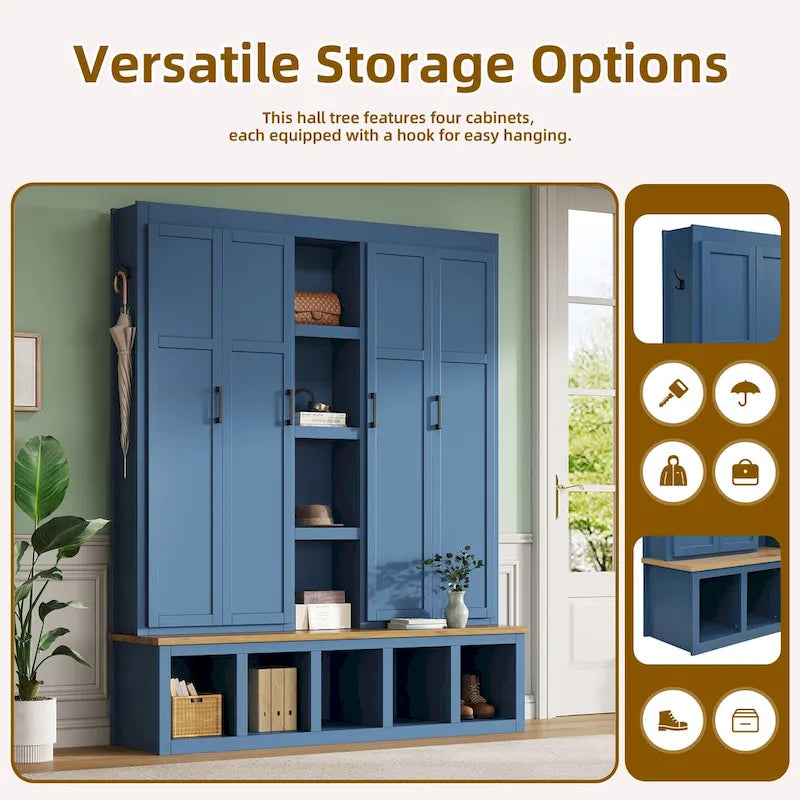 Farmhouse Hall Tree with Bench & 6 Hooks, 62.9W Shoe Storage, Entryway Organizer for Mudroom, Living Room