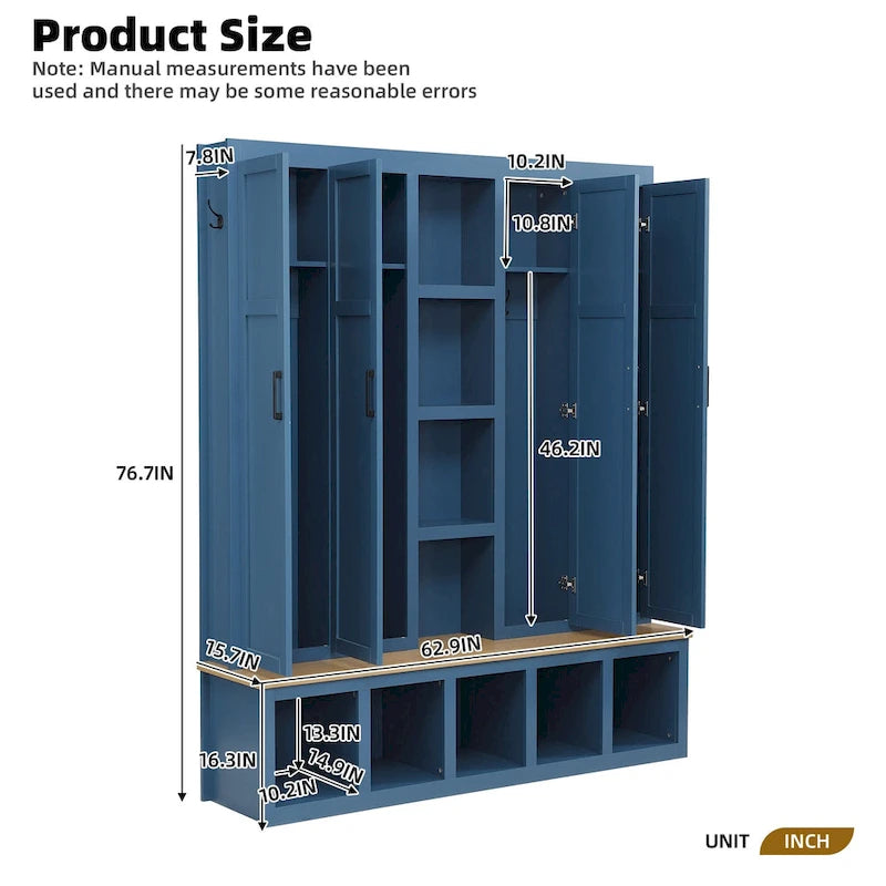 Farmhouse Hall Tree with Bench & 6 Hooks, 62.9W Shoe Storage, Entryway Organizer for Mudroom, Living Room