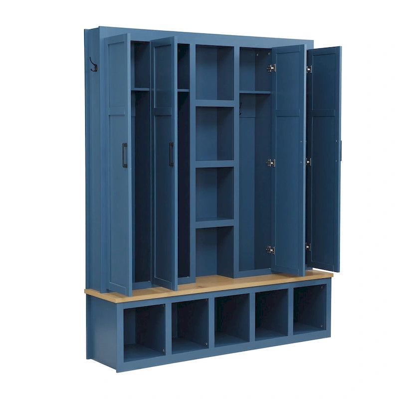 Farmhouse Hall Tree with Bench & 6 Hooks, 62.9W Shoe Storage, Entryway Organizer for Mudroom, Living Room