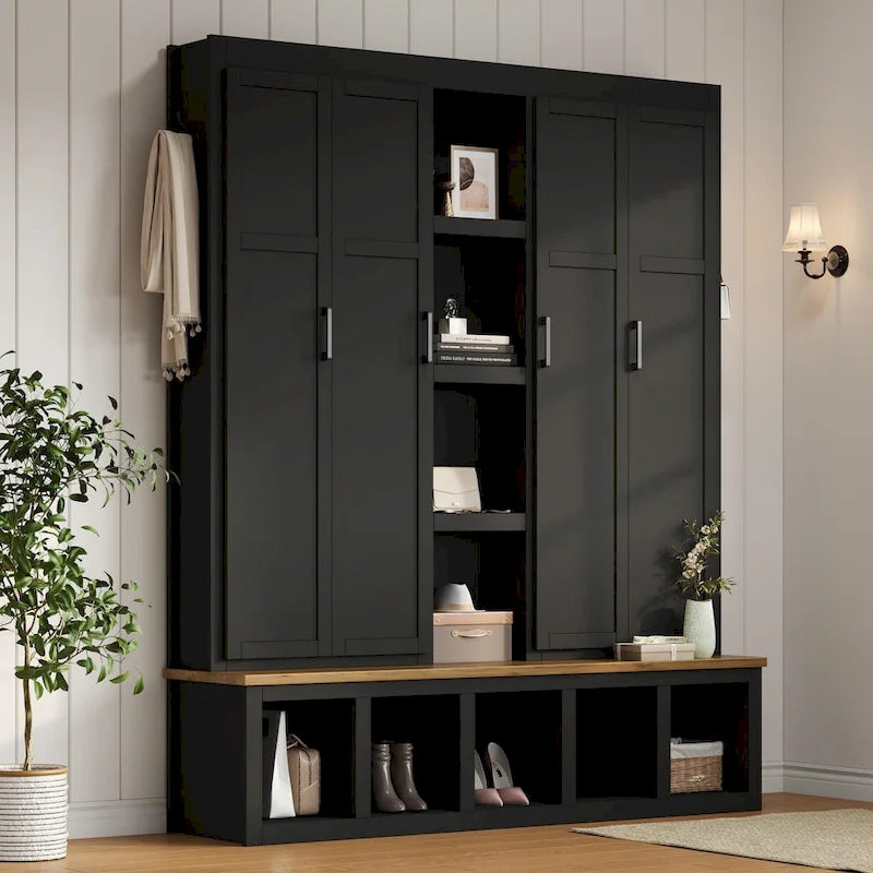 Farmhouse Hall Tree with Bench & 6 Hooks, 62.9W Shoe Storage, Entryway Organizer for Mudroom, Living Room