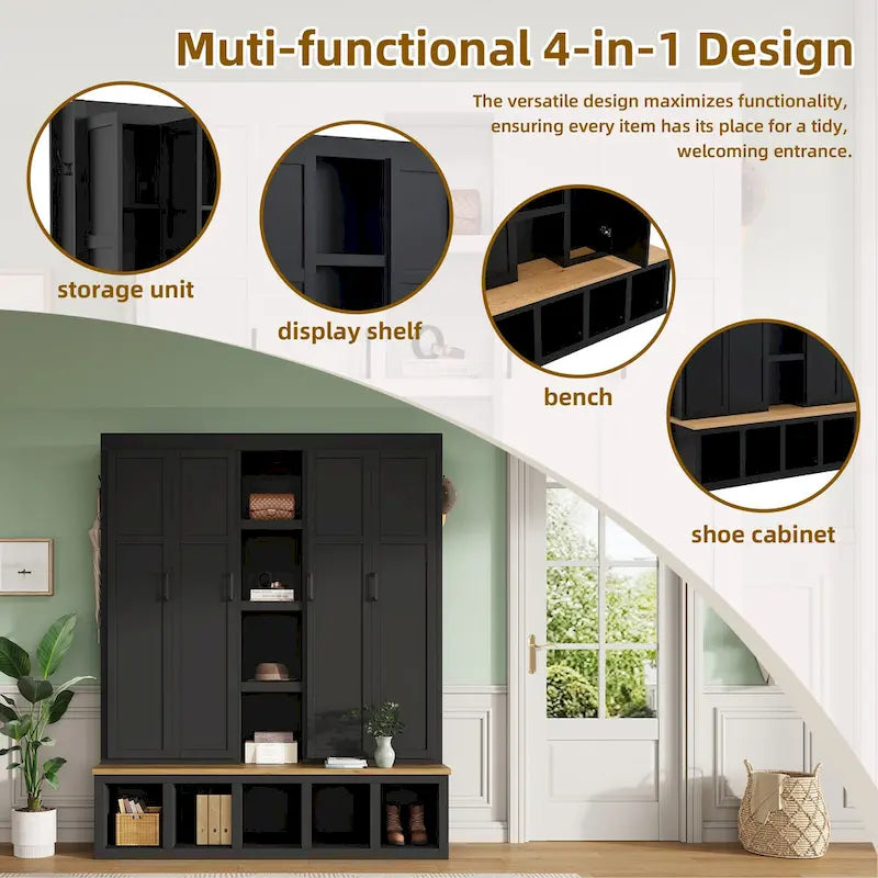 Farmhouse Hall Tree with Bench & 6 Hooks, 62.9W Shoe Storage, Entryway Organizer for Mudroom, Living Room