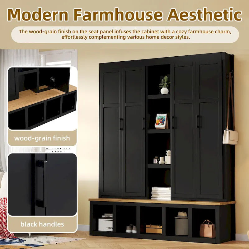 Farmhouse Hall Tree with Bench & 6 Hooks, 62.9W Shoe Storage, Entryway Organizer for Mudroom, Living Room