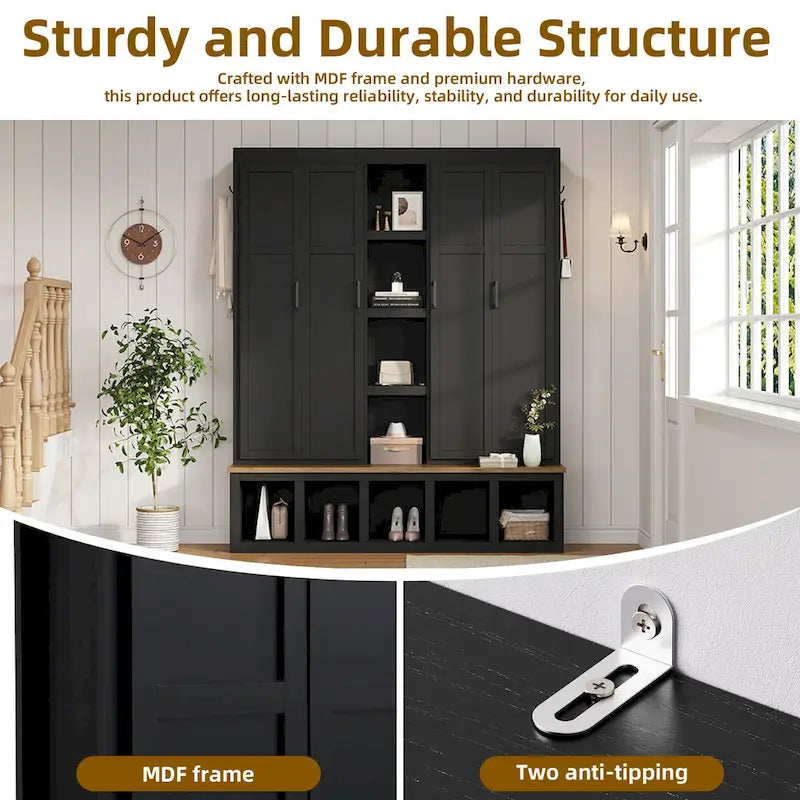 Farmhouse Hall Tree with Bench & 6 Hooks, 62.9W Shoe Storage, Entryway Organizer for Mudroom, Living Room