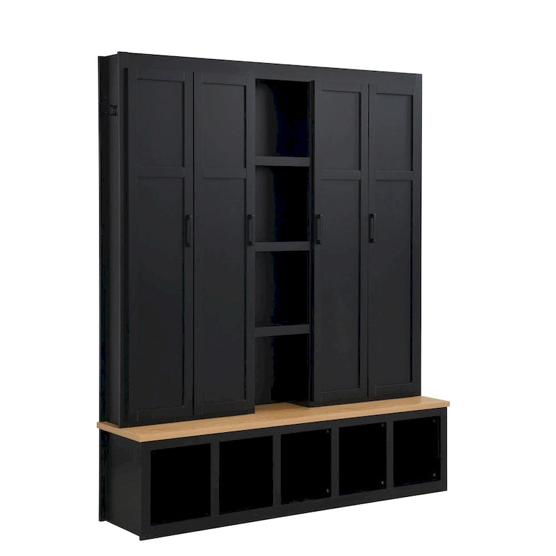 Farmhouse Hall Tree with Bench & 6 Hooks, 62.9W Shoe Storage, Entryway Organizer for Mudroom, Living Room