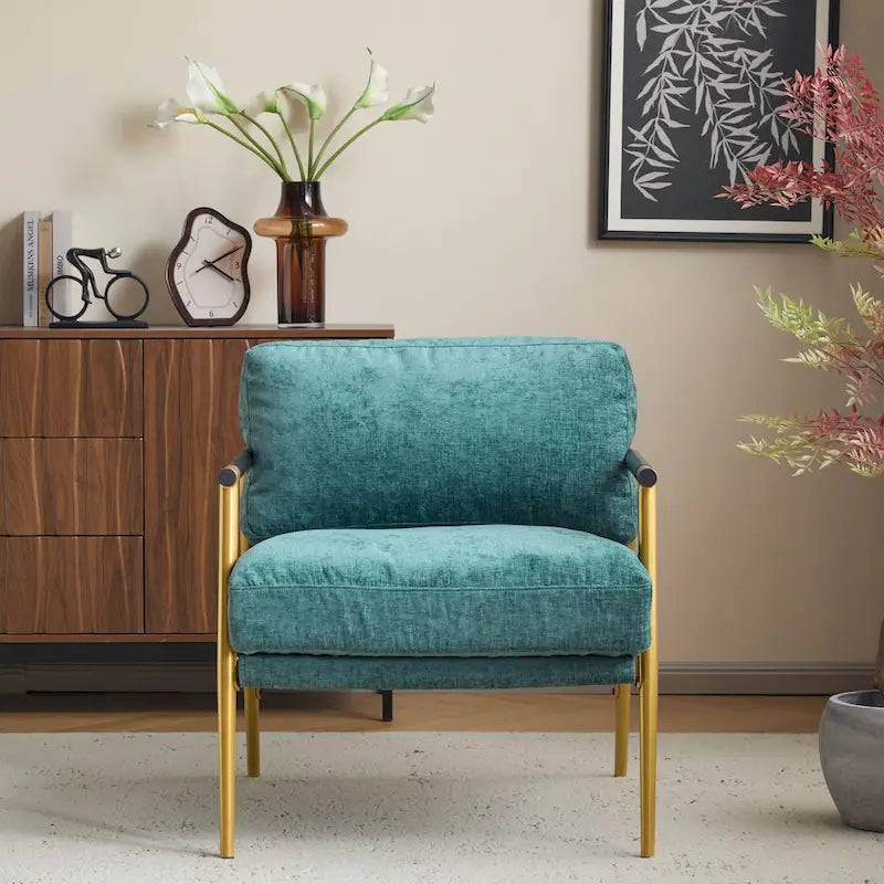 Modern Accent Chair with Plush Cushions, Minimalist Metal Frame, and Wooden Armrest Design