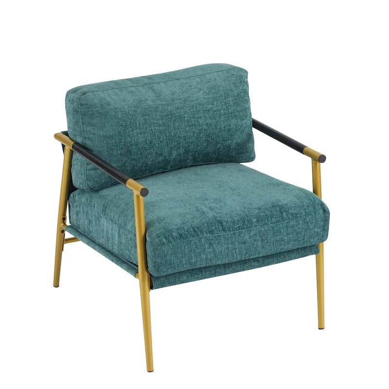 Modern Accent Chair with Plush Cushions, Minimalist Metal Frame, and Wooden Armrest Design