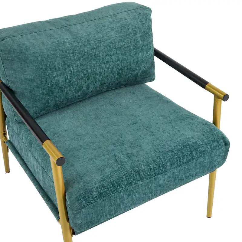 Modern Accent Chair with Plush Cushions, Minimalist Metal Frame, and Wooden Armrest Design