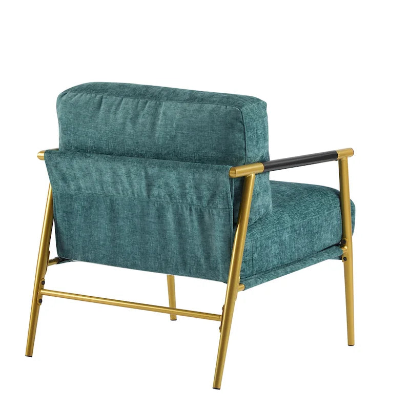 Modern Accent Chair with Plush Cushions, Minimalist Metal Frame, and Wooden Armrest Design