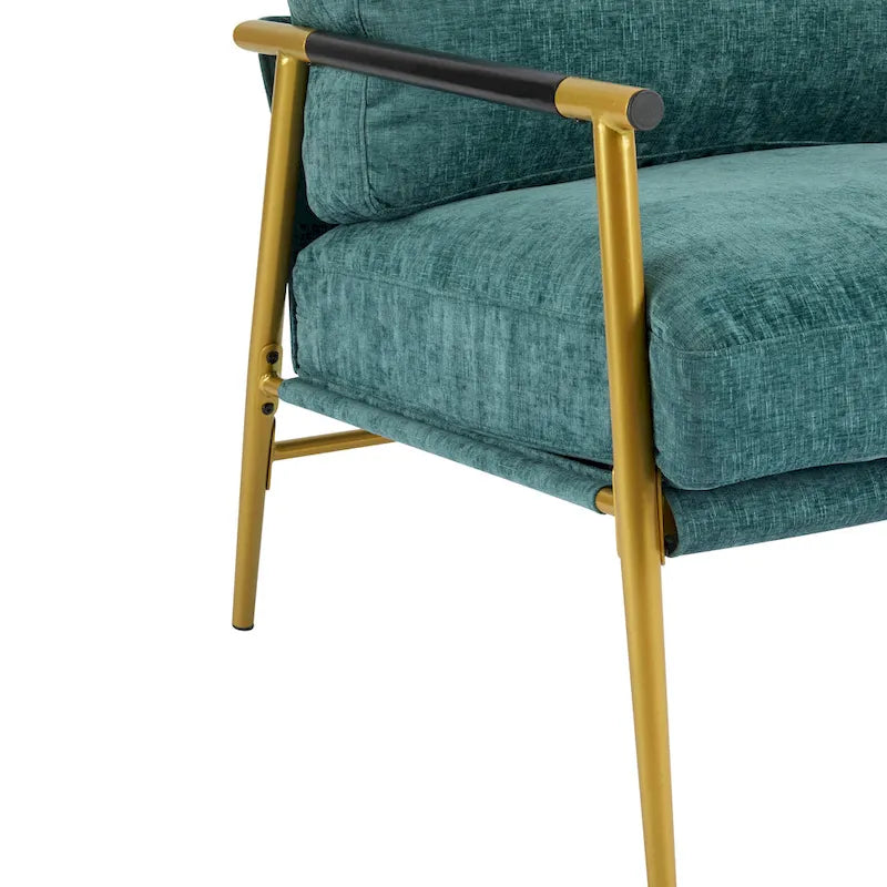 Modern Accent Chair with Plush Cushions, Minimalist Metal Frame, and Wooden Armrest Design