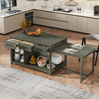 Retro Wooden Extendable Kitchen Island with Built-in Power Outlets and Drawers