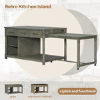 Retro Wooden Extendable Kitchen Island with Built-in Power Outlets and Drawers