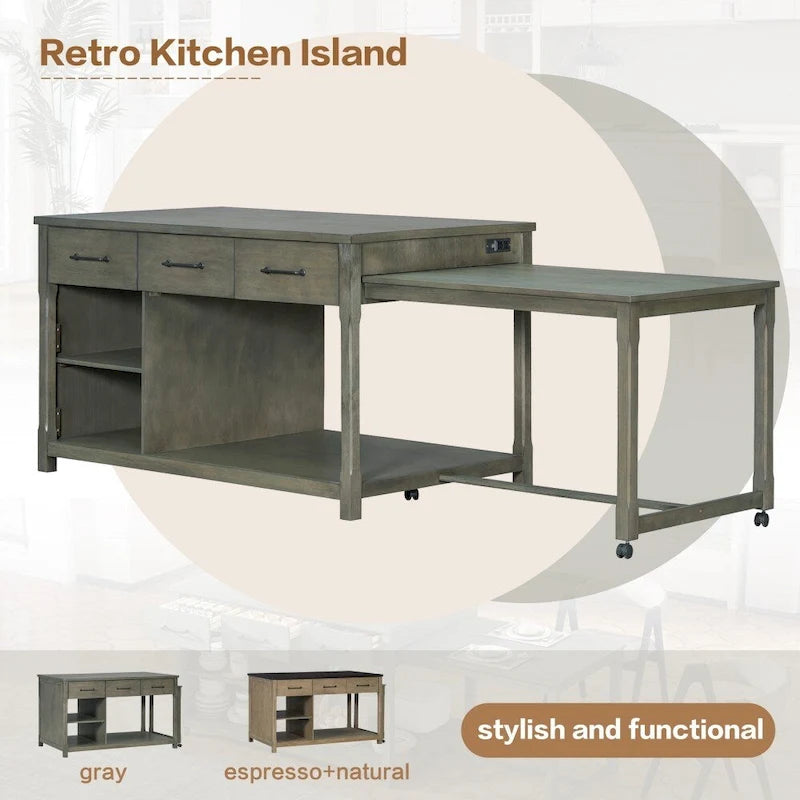 Retro Wooden Extendable Kitchen Island with Built-in Power Outlets and Drawers
