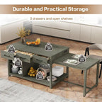 Retro Wooden Extendable Kitchen Island with Built-in Power Outlets and Drawers