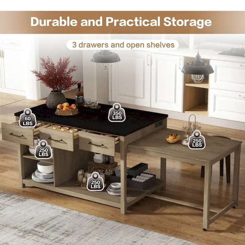 Retro Wooden Extendable Kitchen Island with Built-in Power Outlets and Drawers