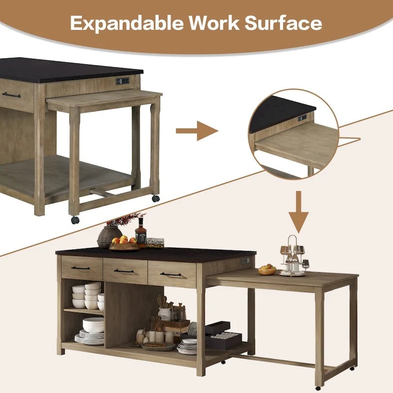 Retro Wooden Extendable Kitchen Island with Built-in Power Outlets and Drawers