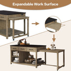 Retro Wooden Extendable Kitchen Island with Built-in Power Outlets and Drawers