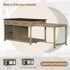 Retro Wooden Extendable Kitchen Island with Built-in Power Outlets and Drawers