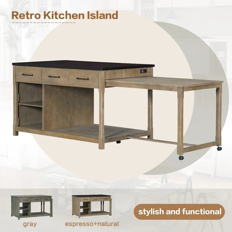 Retro Wooden Extendable Kitchen Island with Built-in Power Outlets and Drawers
