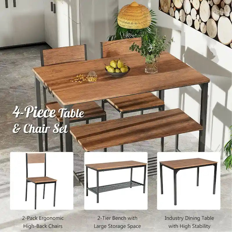 Gymax 4pcs Dining Table Set Rustic Desk 2 Chairs & Bench w/ Storage - See Details