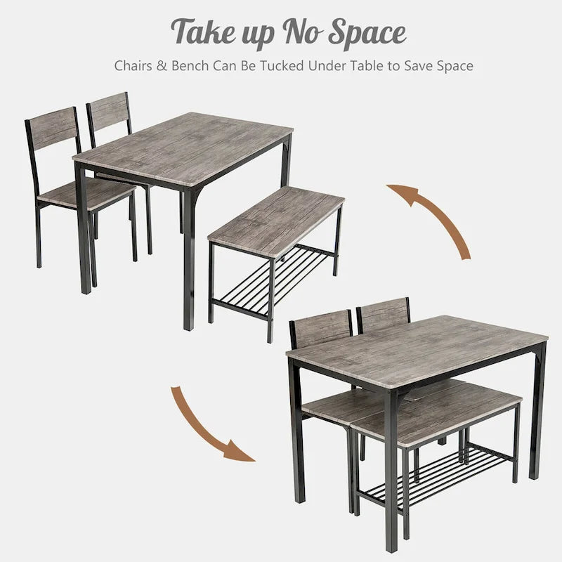 Gymax 4pcs Dining Table Set Rustic Desk 2 Chairs & Bench w/ Storage - See Details