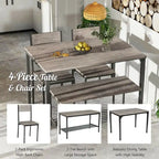 Gymax 4pcs Dining Table Set Rustic Desk 2 Chairs & Bench w/ Storage - See Details