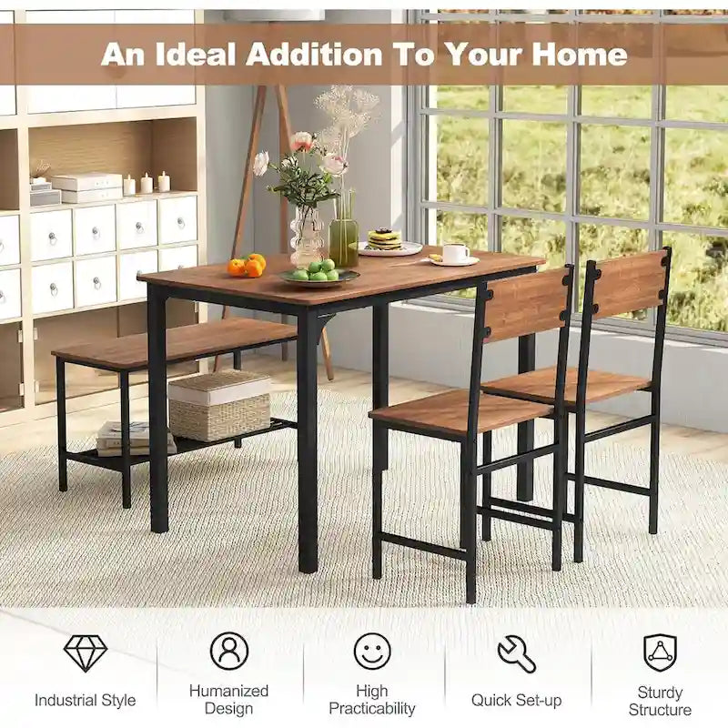 Gymax 4pcs Dining Table Set Rustic Desk 2 Chairs & Bench w/ Storage - See Details