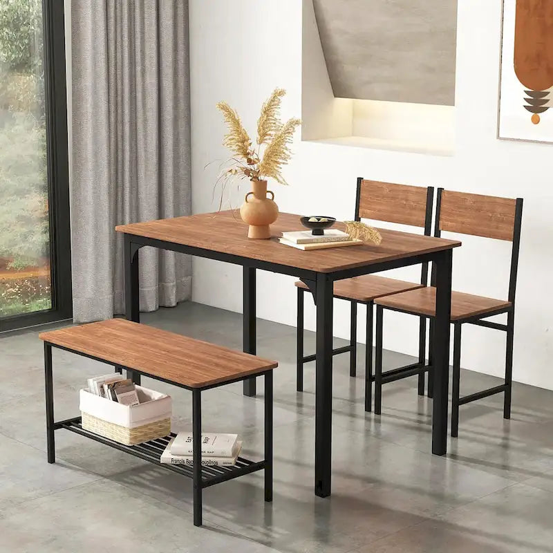 Gymax 4pcs Dining Table Set Rustic Desk 2 Chairs & Bench w/ Storage - See Details