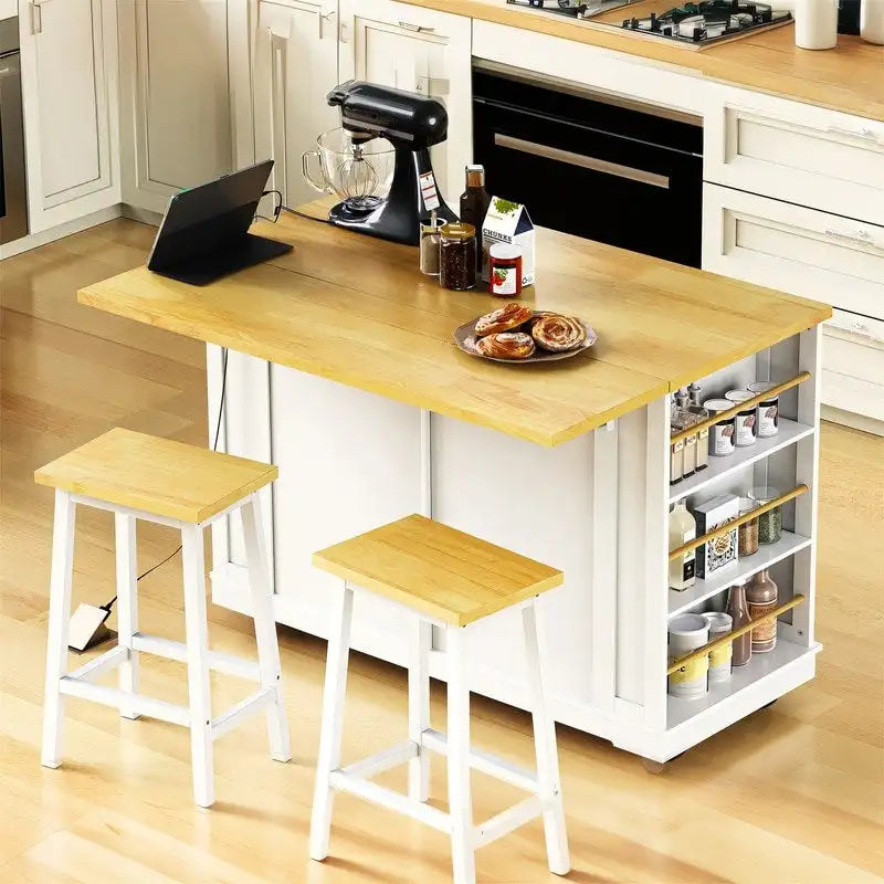 3-Piece/1-Piece Kitchen Island Set with/without 2 Barstools, Rolling Kitchen Storage Cart w/ 2 Drawers, Drop Leaf & 5 Side Racks