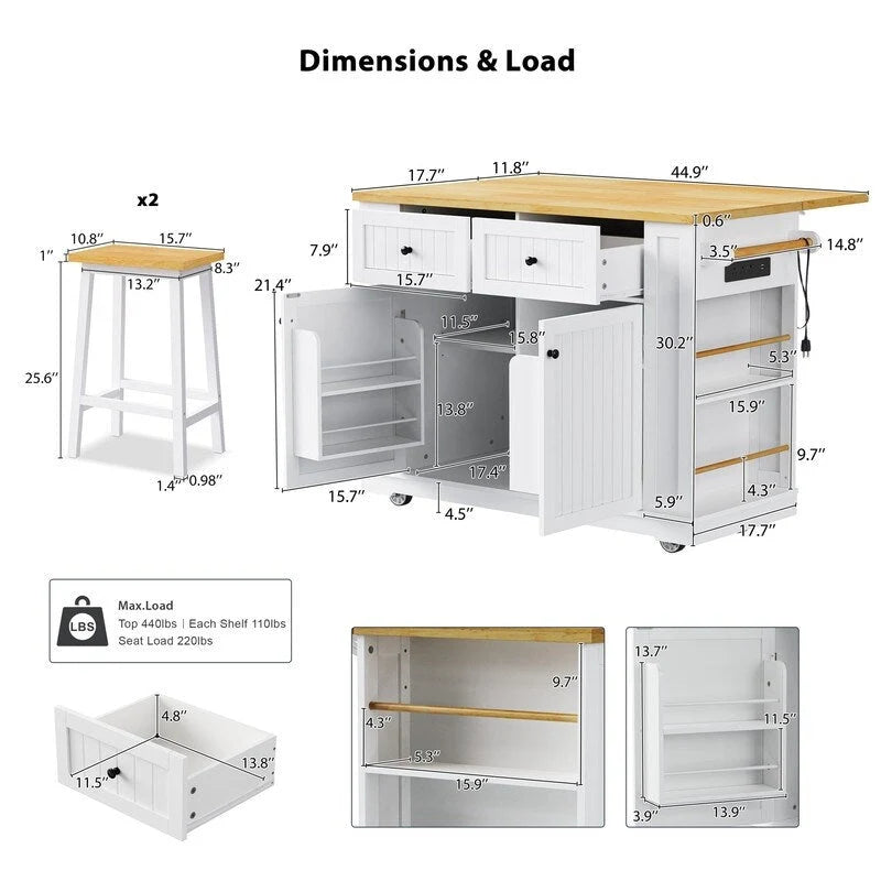 3-Piece/1-Piece Kitchen Island Set with/without 2 Barstools, Rolling Kitchen Storage Cart w/ 2 Drawers, Drop Leaf & 5 Side Racks
