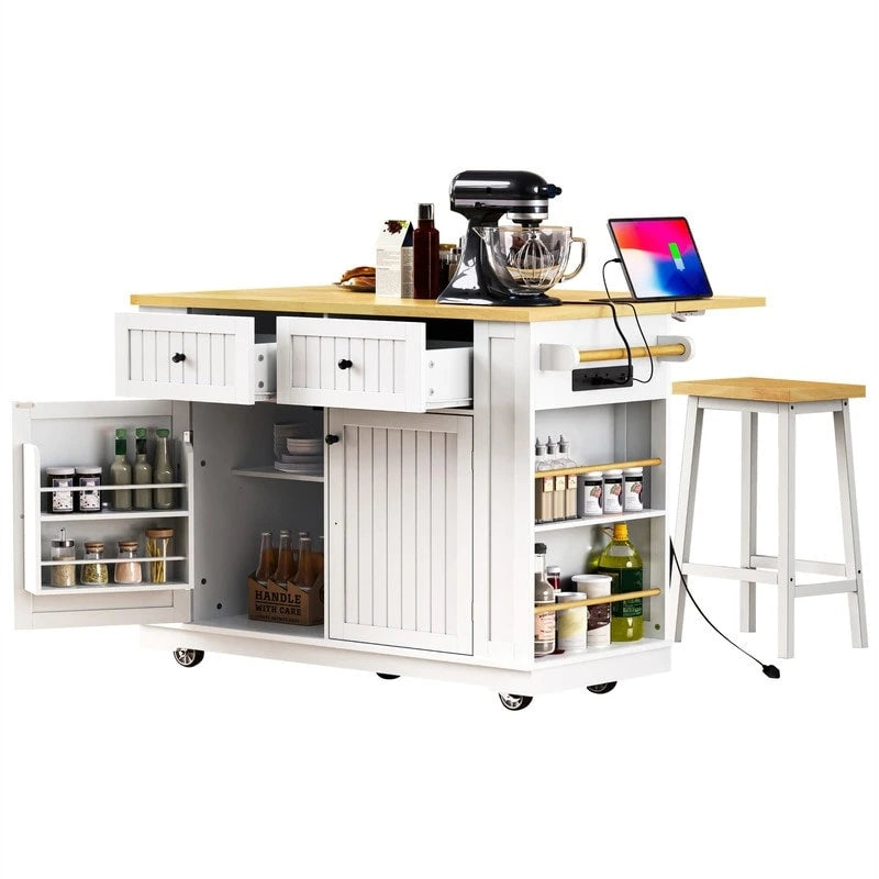 3-Piece/1-Piece Kitchen Island Set with/without 2 Barstools, Rolling Kitchen Storage Cart w/ 2 Drawers, Drop Leaf & 5 Side Racks