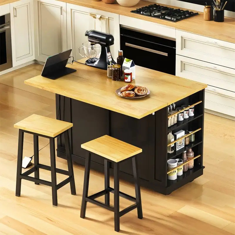 3-Piece/1-Piece Kitchen Island Set with/without 2 Barstools, Rolling Kitchen Storage Cart w/ 2 Drawers, Drop Leaf & 5 Side Racks