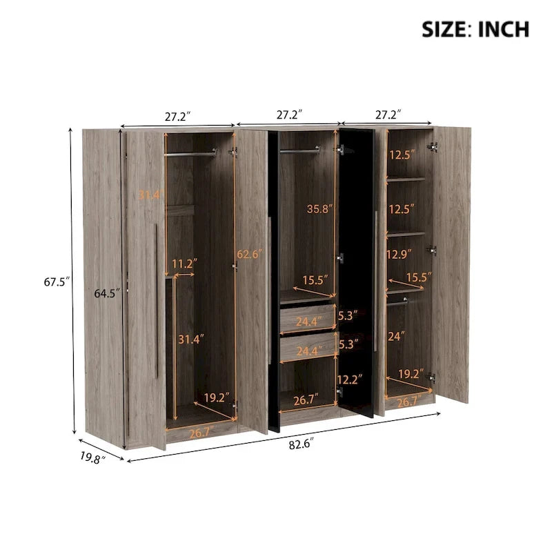 6-Doors Wooden Wardrobe with Storage Drawers for Bedroom
