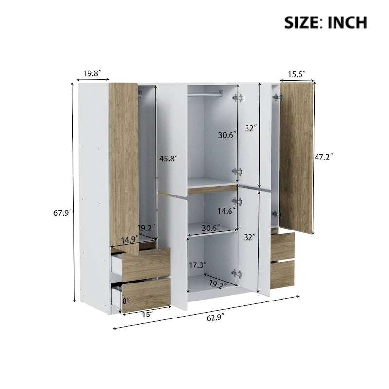 6-Doors Wooden Wardrobe with Storage Drawers for Bedroom