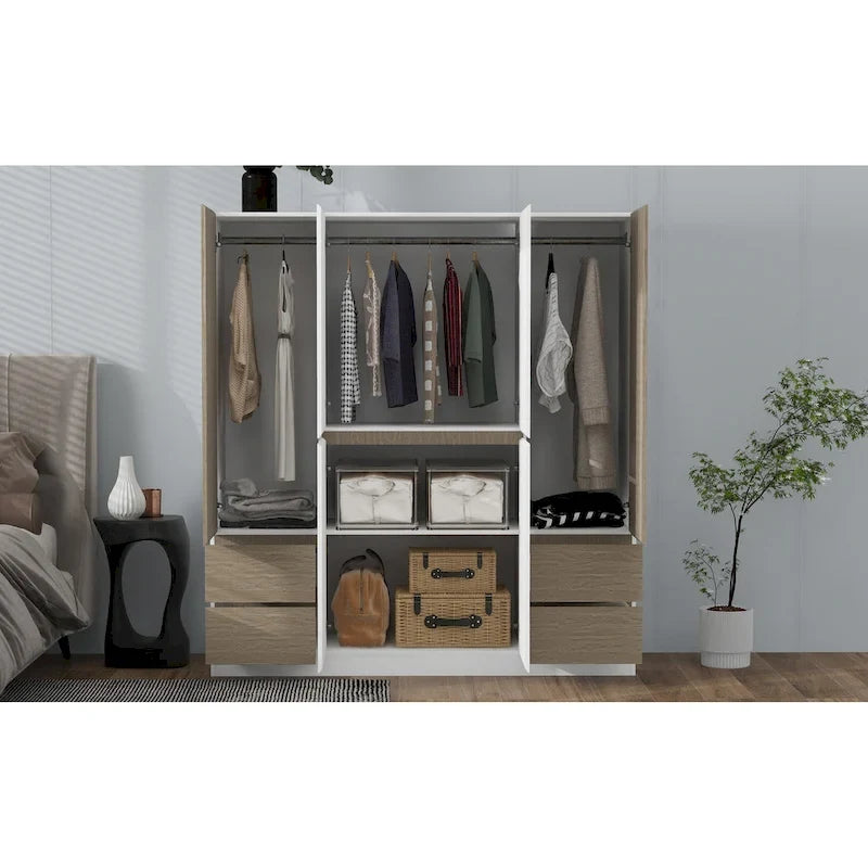 6-Doors Wooden Wardrobe with Storage Drawers for Bedroom