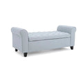 Storage Ottoman Bench, 50 Inch Light Blue, Rolled Arms, Black Wood