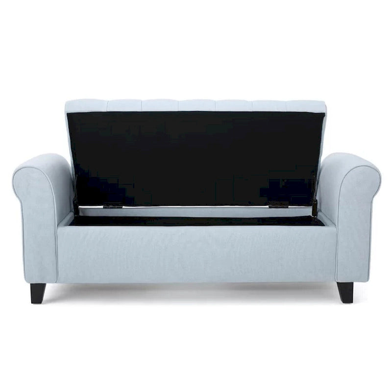 Storage Ottoman Bench, 50 Inch Light Blue, Rolled Arms, Black Wood