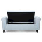 Storage Ottoman Bench, 50 Inch Light Blue, Rolled Arms, Black Wood