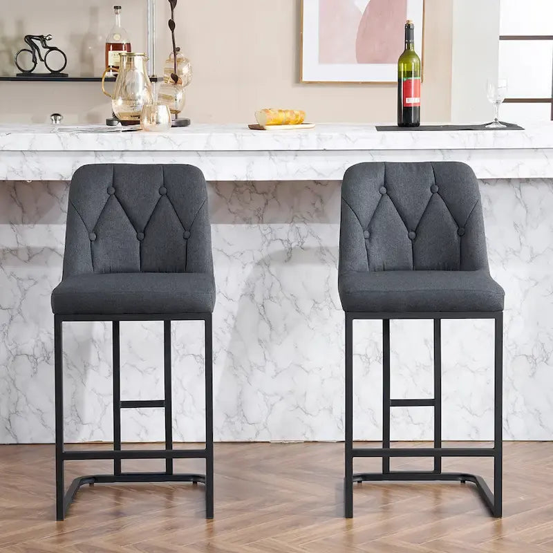 Upholstered Bar Stools Set of 2, Counter Height Bar Stools with Button-Tufted Backrest, Kitchen Island Chairs with Metal Frame