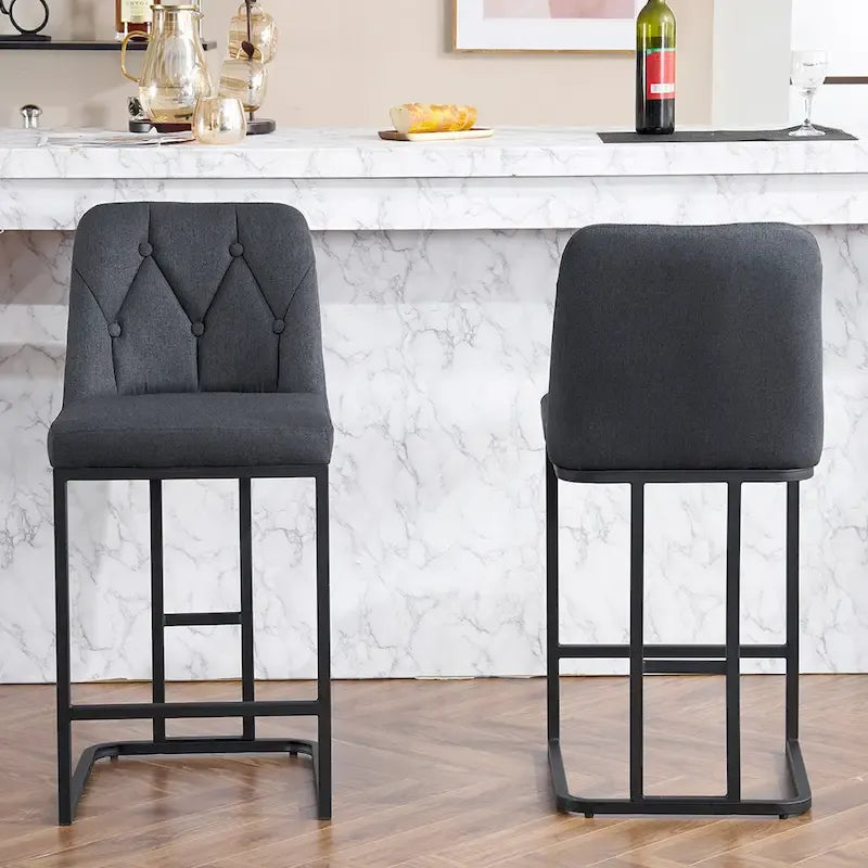 Upholstered Bar Stools Set of 2, Counter Height Bar Stools with Button-Tufted Backrest, Kitchen Island Chairs with Metal Frame
