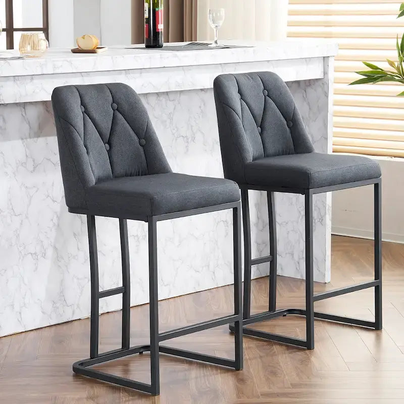 Upholstered Bar Stools Set of 2, Counter Height Bar Stools with Button-Tufted Backrest, Kitchen Island Chairs with Metal Frame