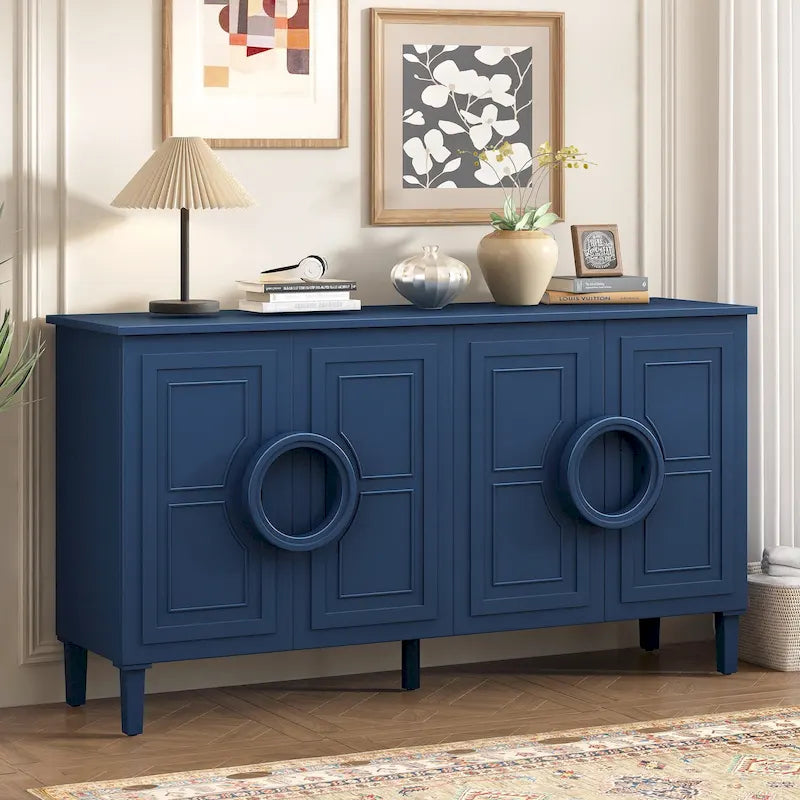 Sideboard Cabinet with Round Ring Handle, Wood Storage Cabinet with Adjustable Shelf, Console Table with 4 Doors