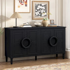Sideboard Cabinet with Round Ring Handle, Wood Storage Cabinet with Adjustable Shelf, Console Table with 4 Doors