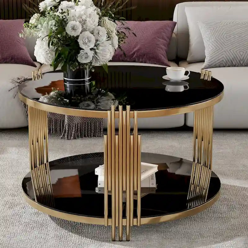 Modern Black Mirror Coffee Table with Gold Finish & Lower Shelf by Harper&Bright Designs